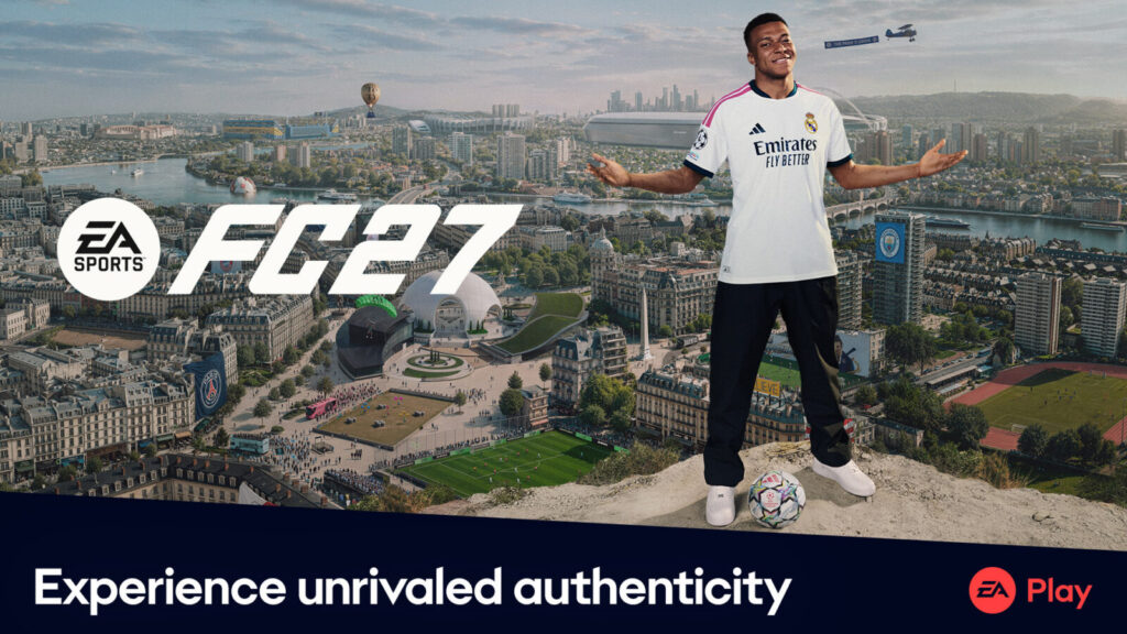 Official EA Sports FC 27 EA Play trial artwork featuring Kylian Mbappe and the FC 27 logo