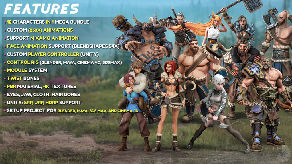Stylized Character Mega Bundle from Existence Studios showing game-ready fantasy characters for Unity and Unreal Engine