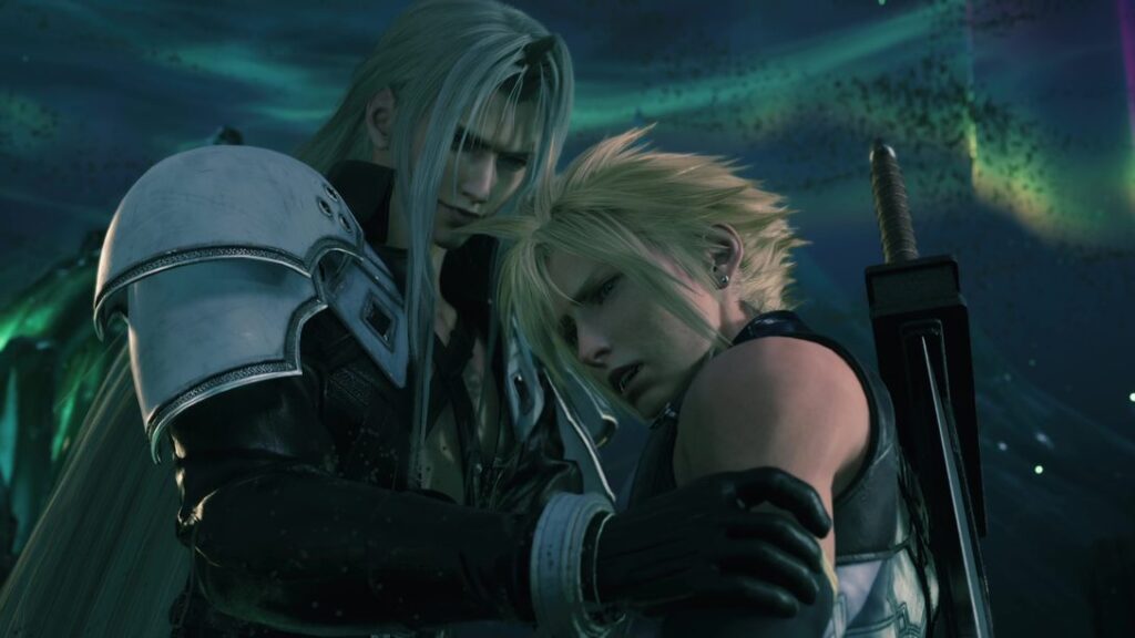 Official Final Fantasy VII Revelation image showing Sephiroth holding Cloud in the Whirlwind Maze sequence