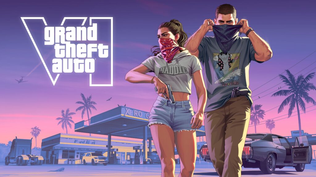Grand Theft Auto VI official artwork of Jason and Lucia during a robbery in Leonida
