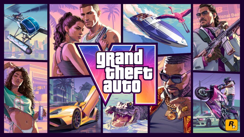 Grand Theft Auto VI official cover art featuring Jason, Lucia, Vice City and Leonida imagery