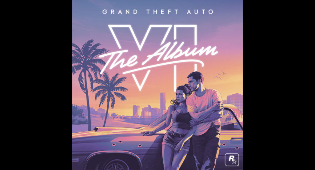 Grand Theft Auto VI The Album artwork with Jason and Lucia leaning against a car at sunset