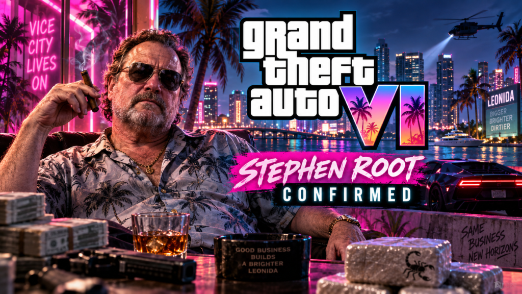 GTA VI Watch cover featuring Stephen Root, the Grand Theft Auto VI logo, and neon Vice City imagery