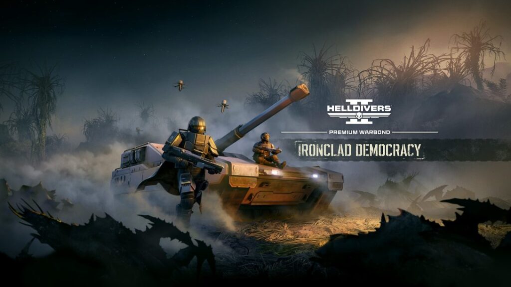 Official Helldivers 2 Ironclad Democracy Premium Warbond artwork with Helldivers and a tank
