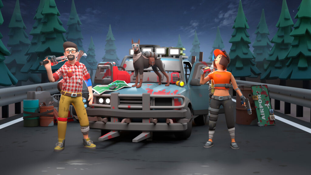 ITHappy Studios Apocalypse Free low-poly asset pack showing two survivors, a dog, modular pickup truck and post-apocalyptic props