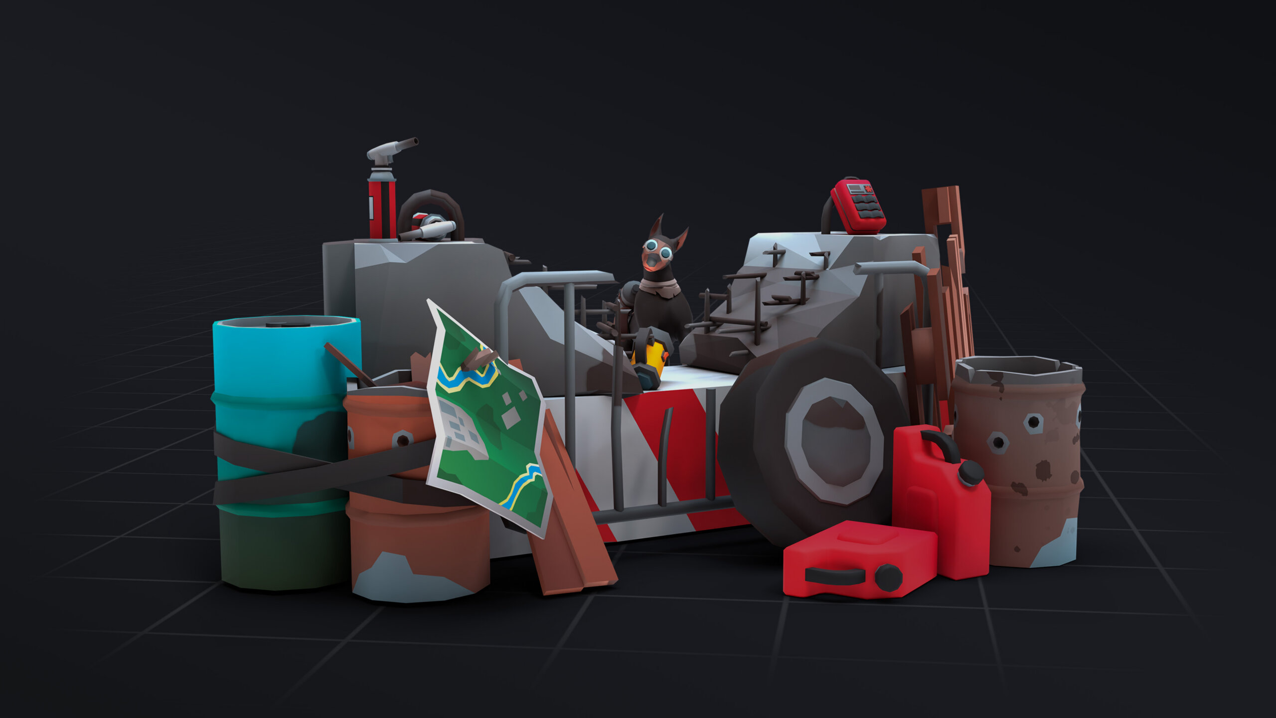 ITHappy Studios Apocalypse Free low-poly props and modular vehicle parts including barrels, fuel cans, a map, dog and truck components
