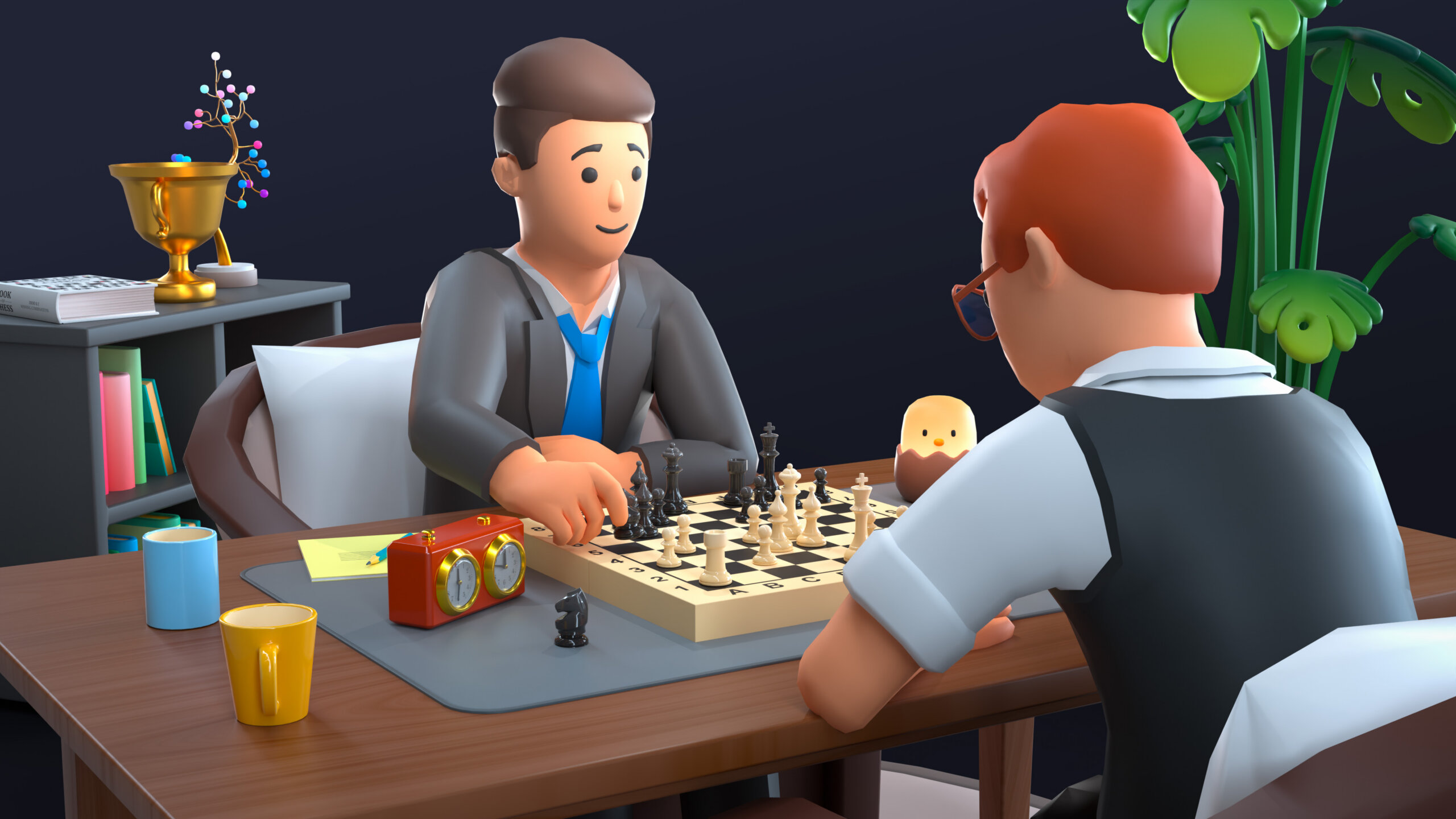 ITHappy Studios Chess Pack Free showing two stylized low-poly characters playing chess with furniture and props