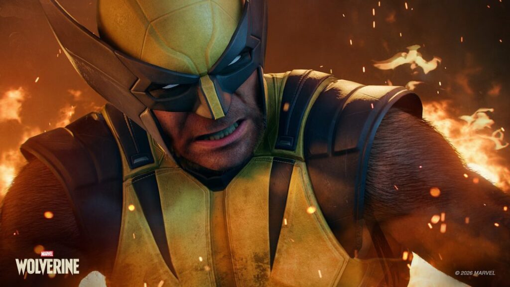 Marvel's Wolverine in his yellow and black suit surrounded by fire, official PlayStation promotional artwork
