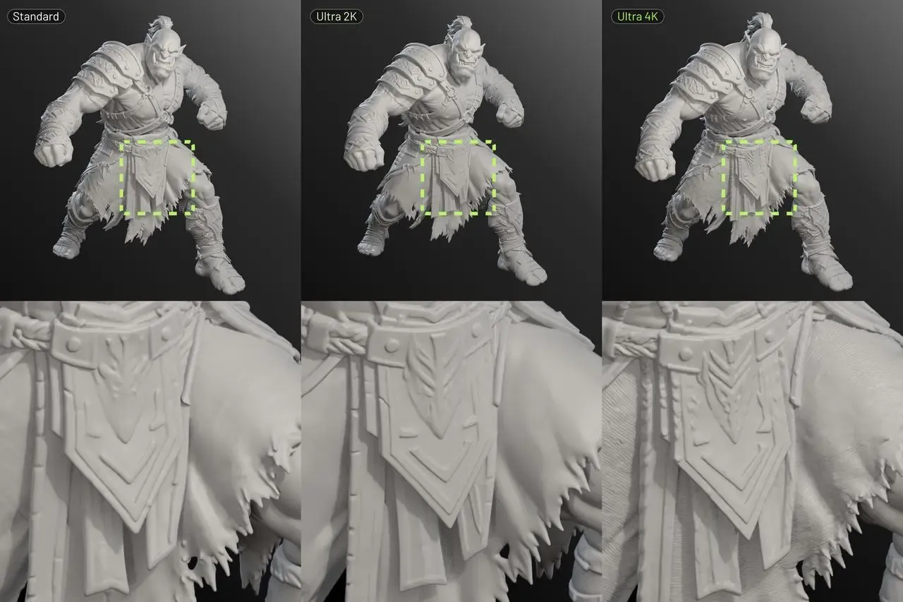 Official Meshy 7.1 comparison of Standard, Ultra 2K and Ultra 4K geometry detail