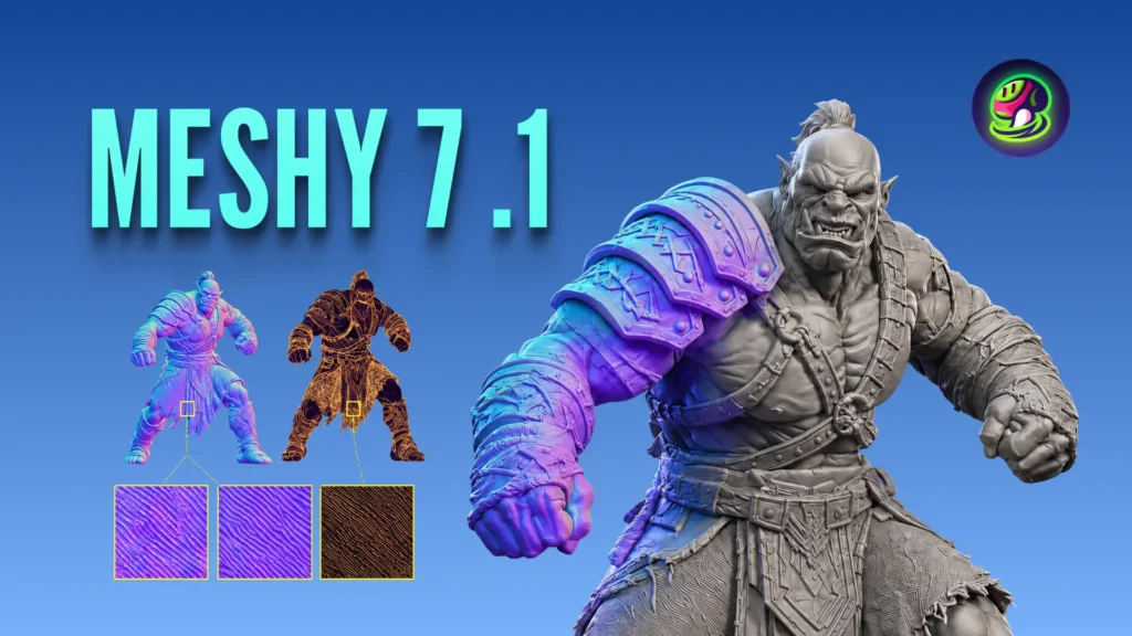 Meshy 7.1 official artwork showing an ultra-detailed generated orc model and geometry detail examples