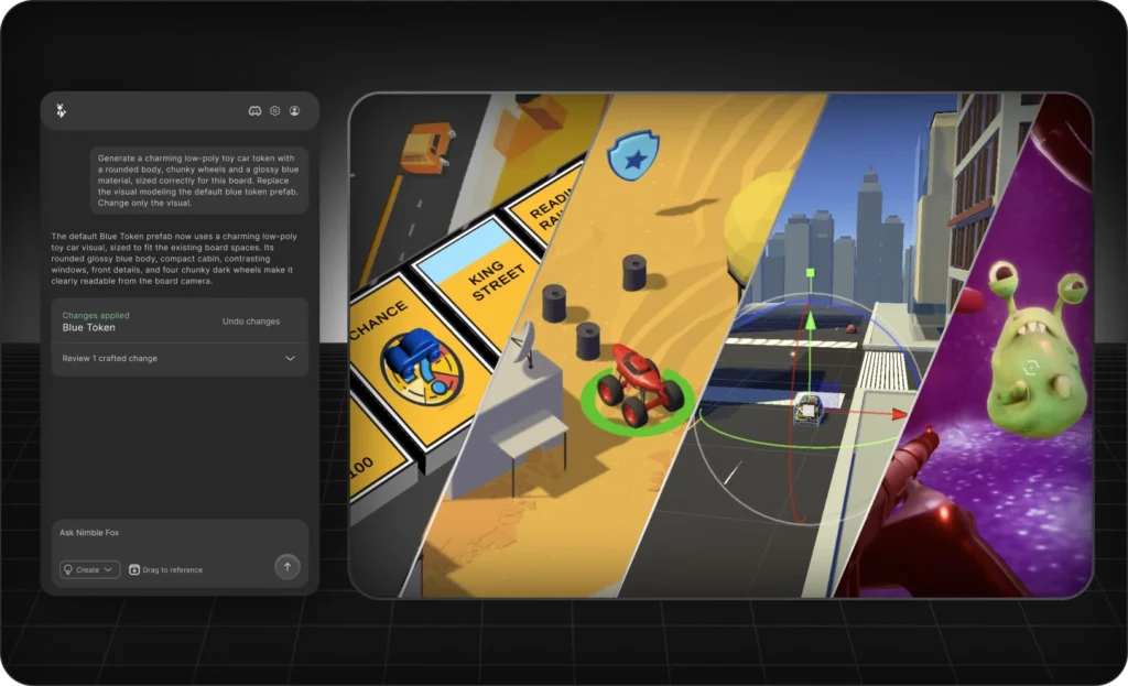 Nimble Fox AI Unity copilot building gameplay systems and editing a game project from prompts