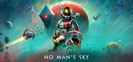 No Man's Sky official artwork with an astronaut and planets