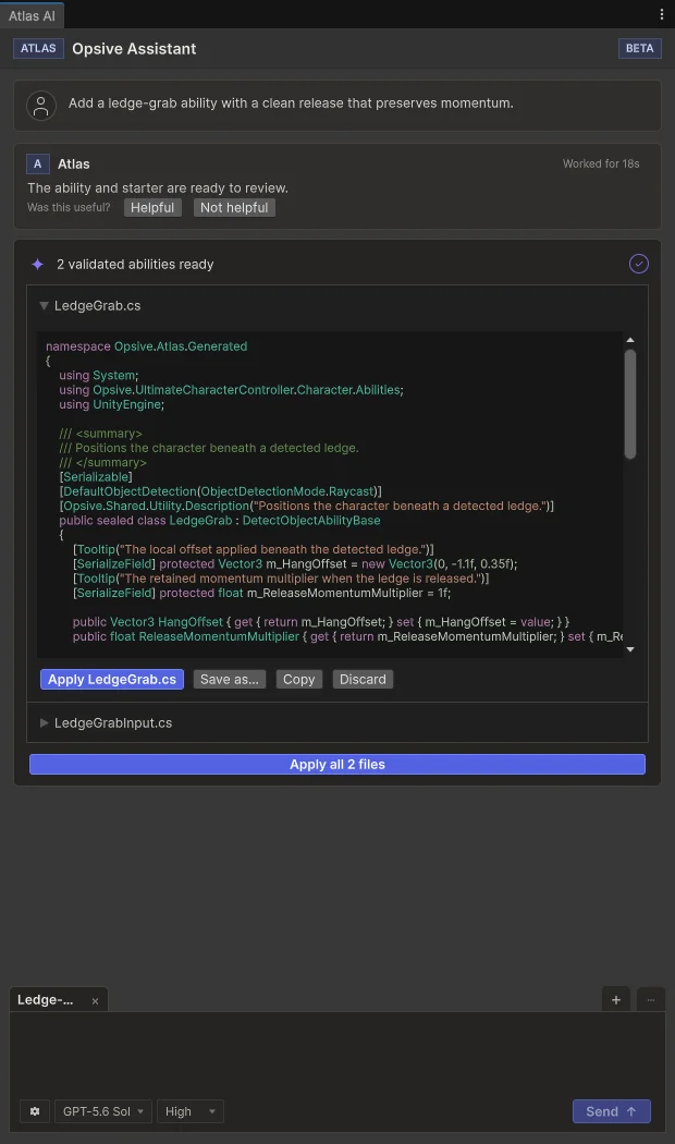 Opsive Atlas AI generating a Unity character ability