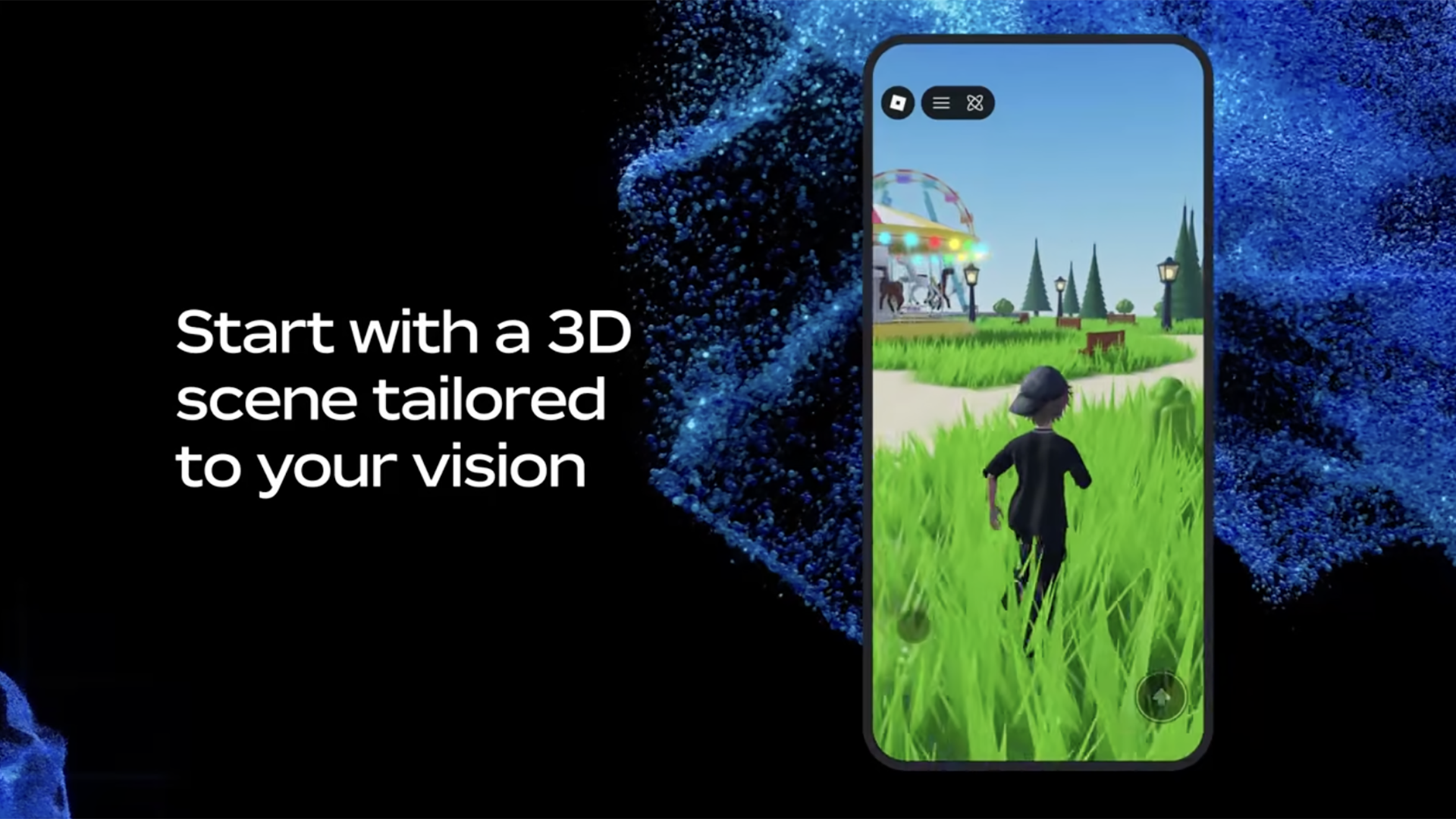 Official Roblox illustration showing AI-assisted 3D scene generation in Build and Studio