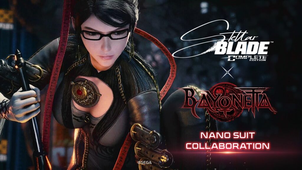 Official Stellar Blade Bayonetta collaboration trailer artwork for the Nintendo Switch 2 release