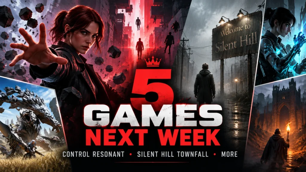 Collage for five games launching next week, including Control Resonant and Silent Hill Townfall