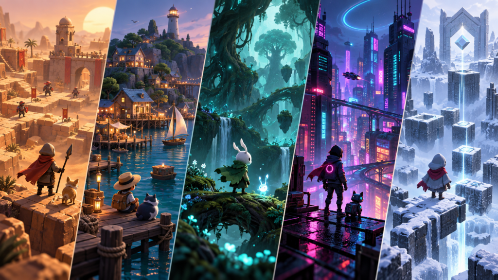 Five original miniature indie game worlds in a colorful editorial mosaic