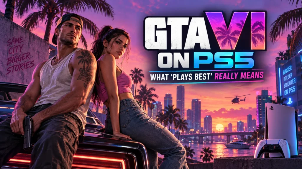 GTA VI characters in Vice City beside a PS5 with text explaining what Plays Best means