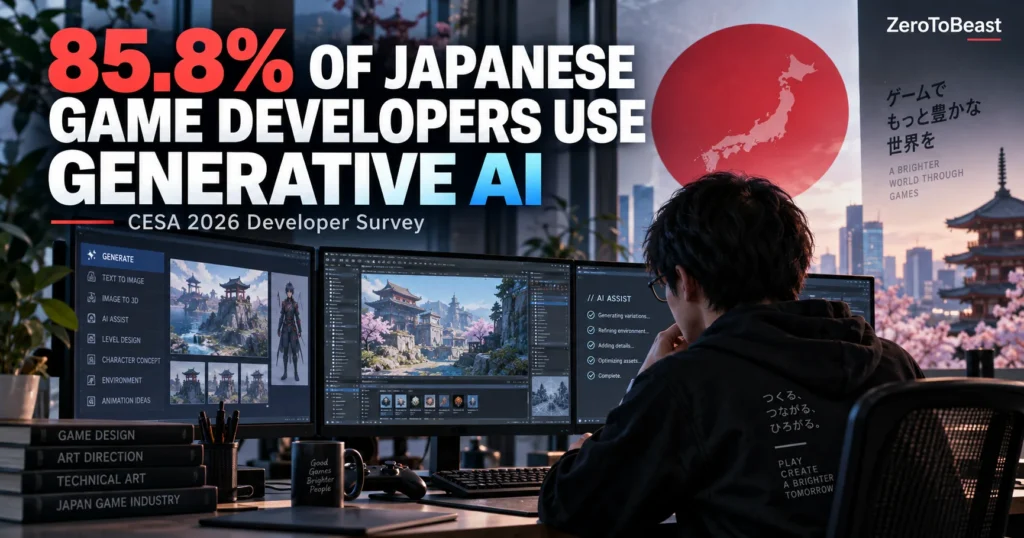 Japanese game developer using generative AI tools in a studio, illustrating the CESA 2026 survey