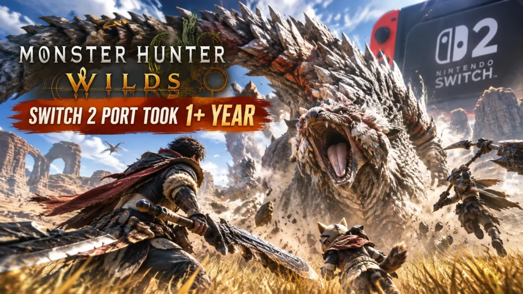 Monster Hunter Wilds hunters face a monster beside a Nintendo Switch 2