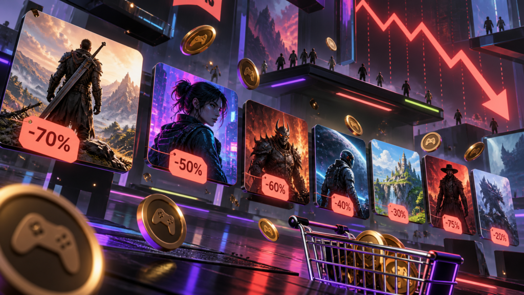 Stylized PC game sale with digital game tiles and discount markers