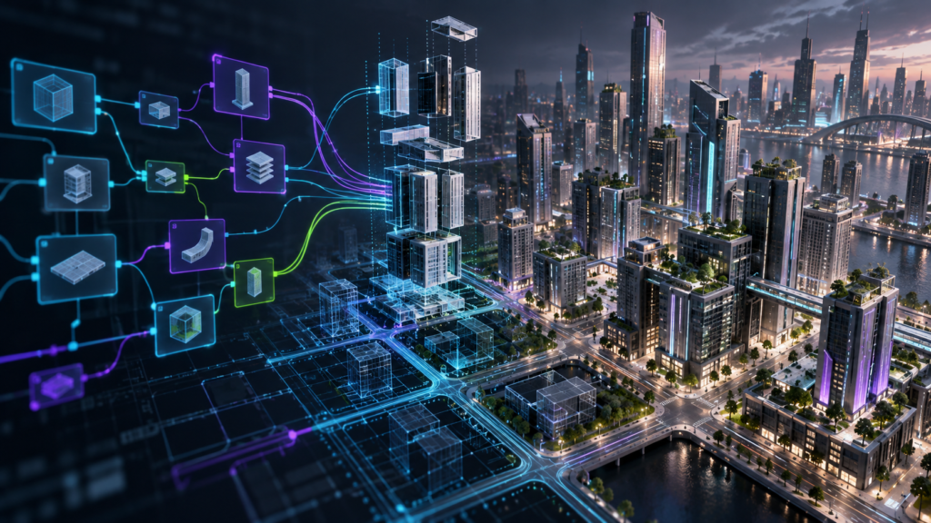 Procedural city emerging from a glowing node graph and modular street grid