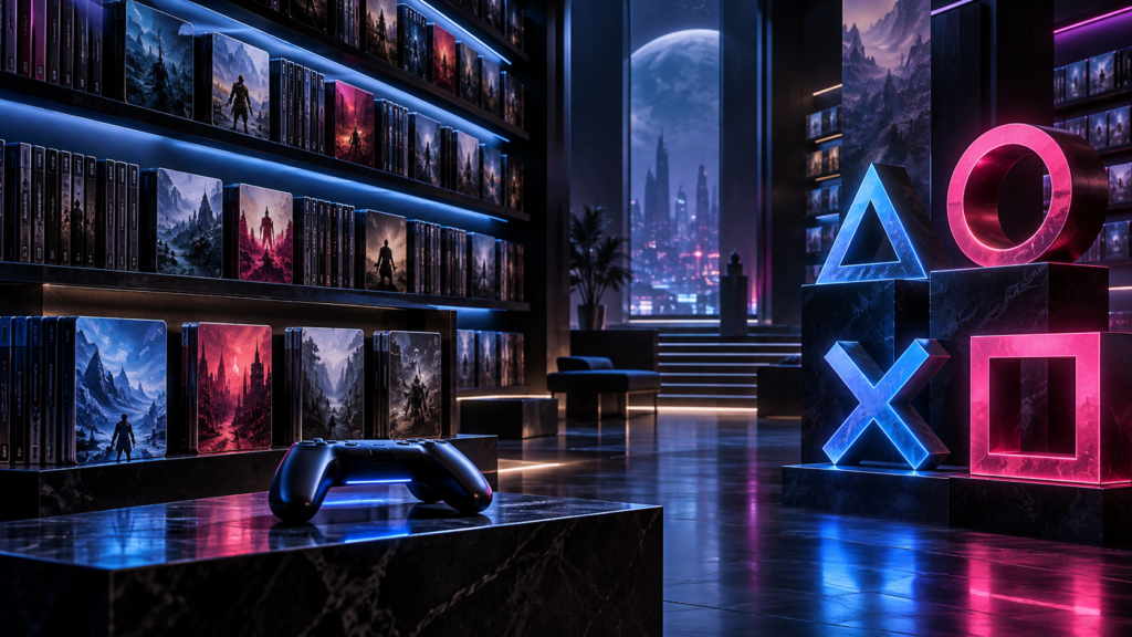 Stylized premium digital game catalog with controller-inspired geometric forms