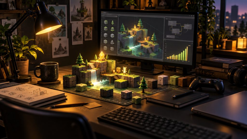 Compact indie game development workspace with a glowing game prototype