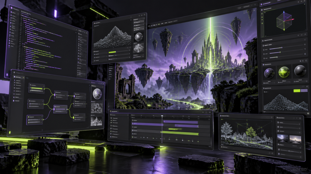 Abstract Unity 7 engine workspace with modular tools and a real-time 3D world