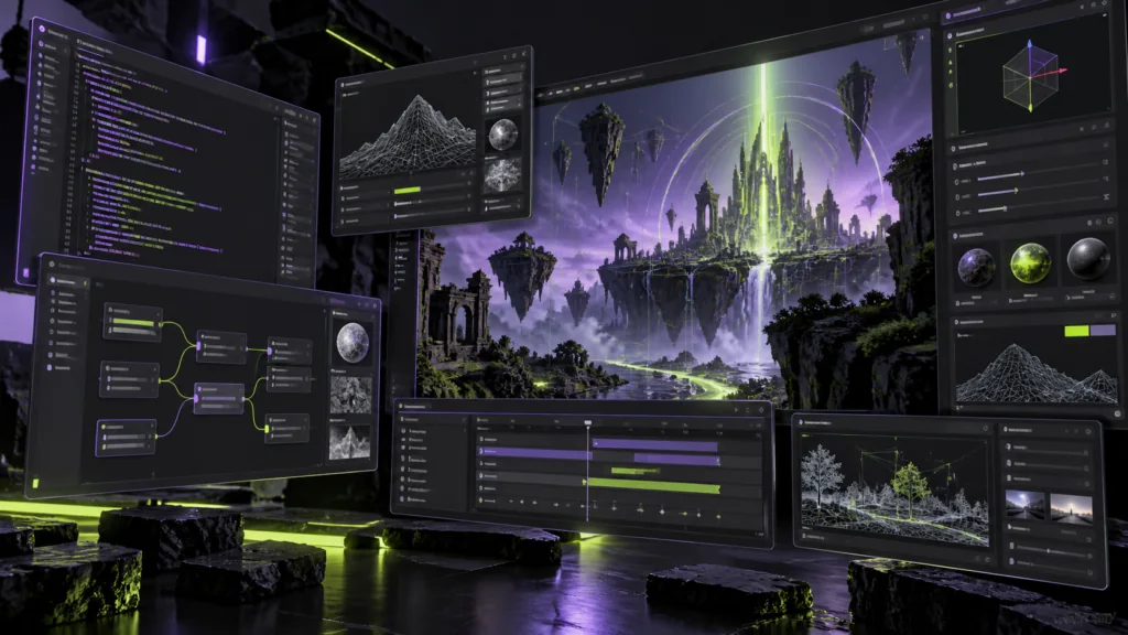 Abstract Unity 7 engine workspace with modular tools and a real-time 3D world