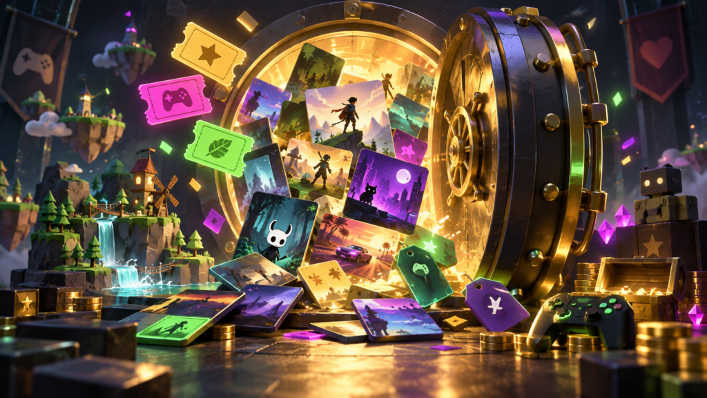 Original ZerotoBeast illustration of a glowing game vault with indie discoveries and deal tokens