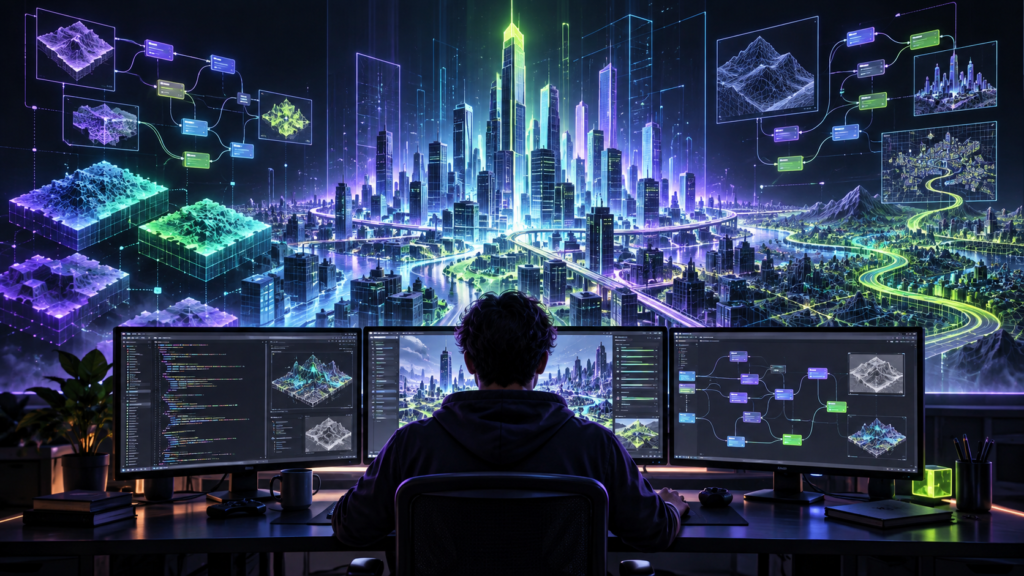 Original ZerotoBeast illustration of a developer building a procedural neon city with game-engine tools