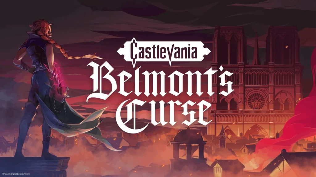 Castlevania Belmont's Curse release date October 2026 official title-bearing key art featuring gothic Paris in flames