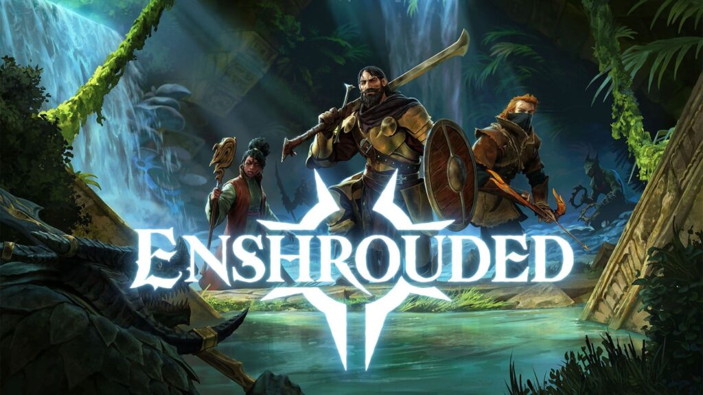 Enshrouded official title-bearing promotional key art with three adventurers in a fantasy landscape