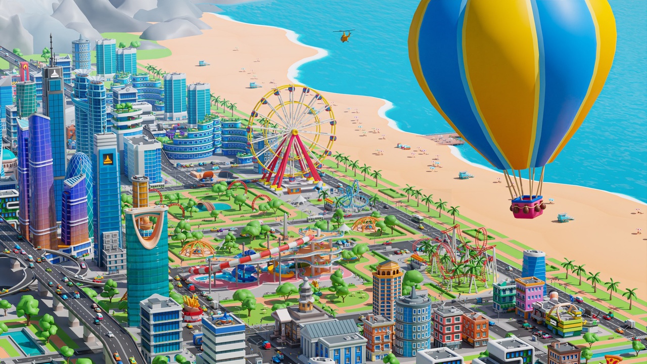 Megacity 70% off Fab urban city asset with beachfront Ferris wheel roads and stylized buildings