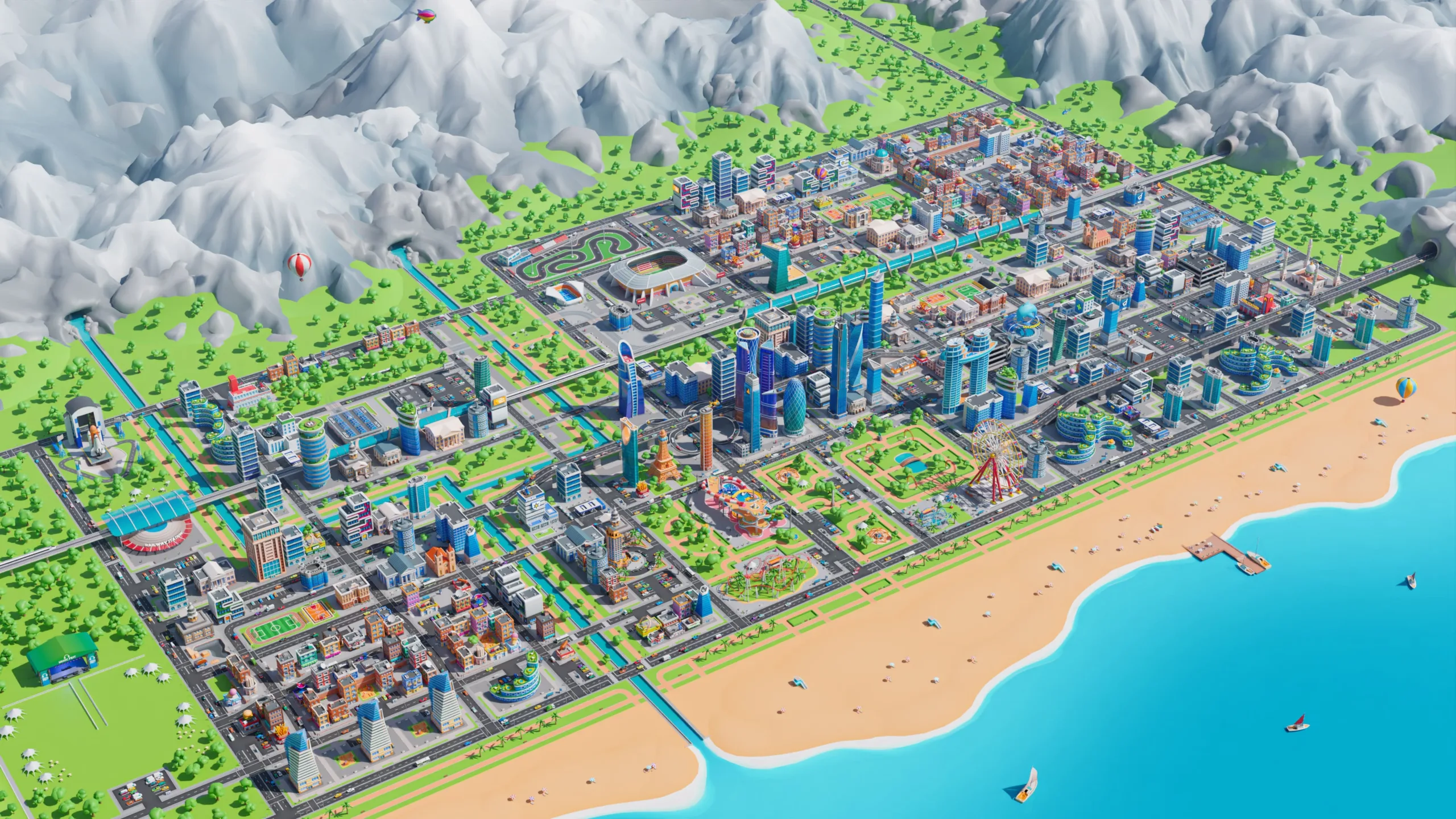 Megacity low poly 358 model city pack wide area screenshot showing city road network coastline and racetrack