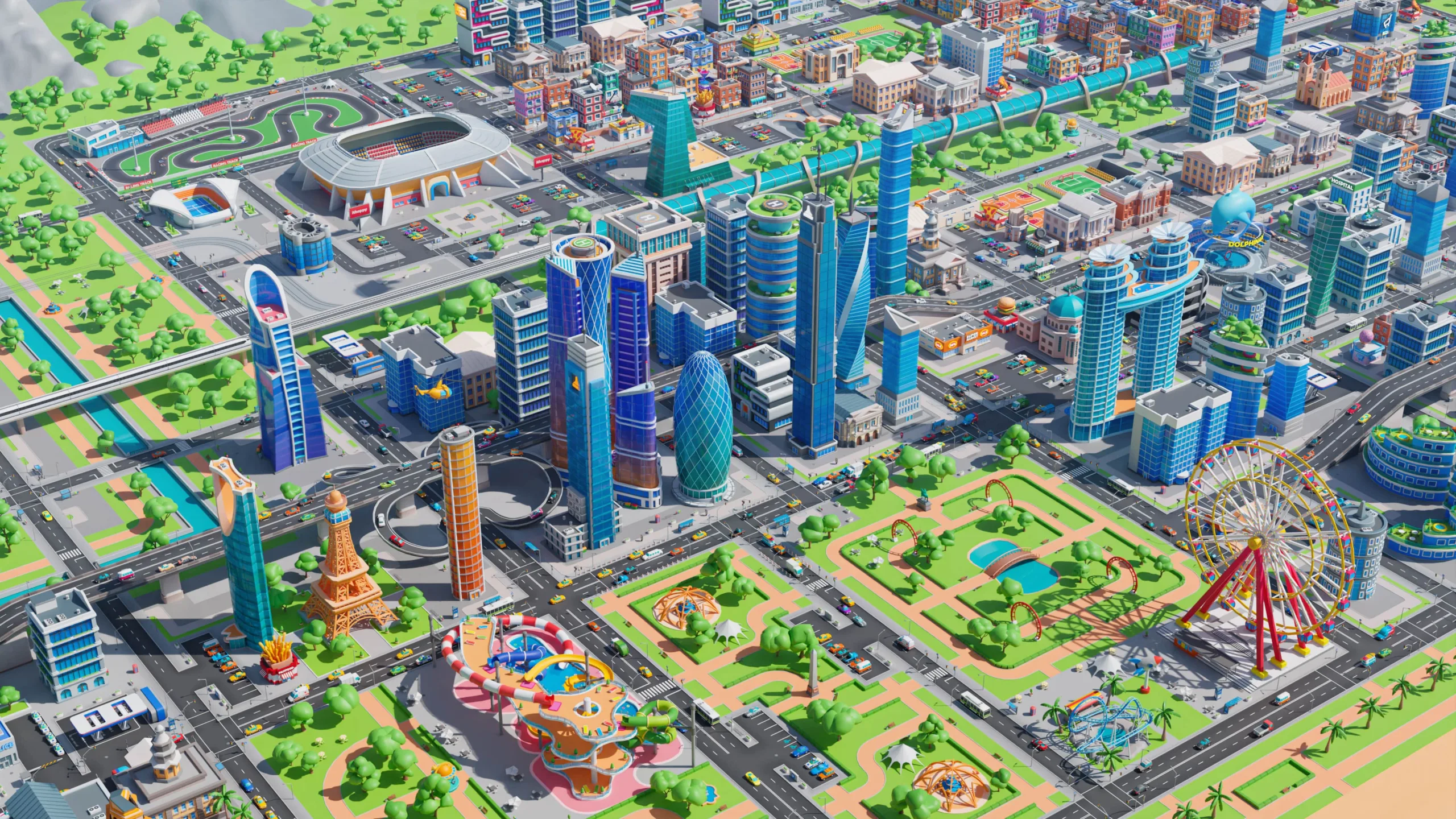 Megacity low poly city detailed screenshot of skyscrapers entertainment district sports venue and roads