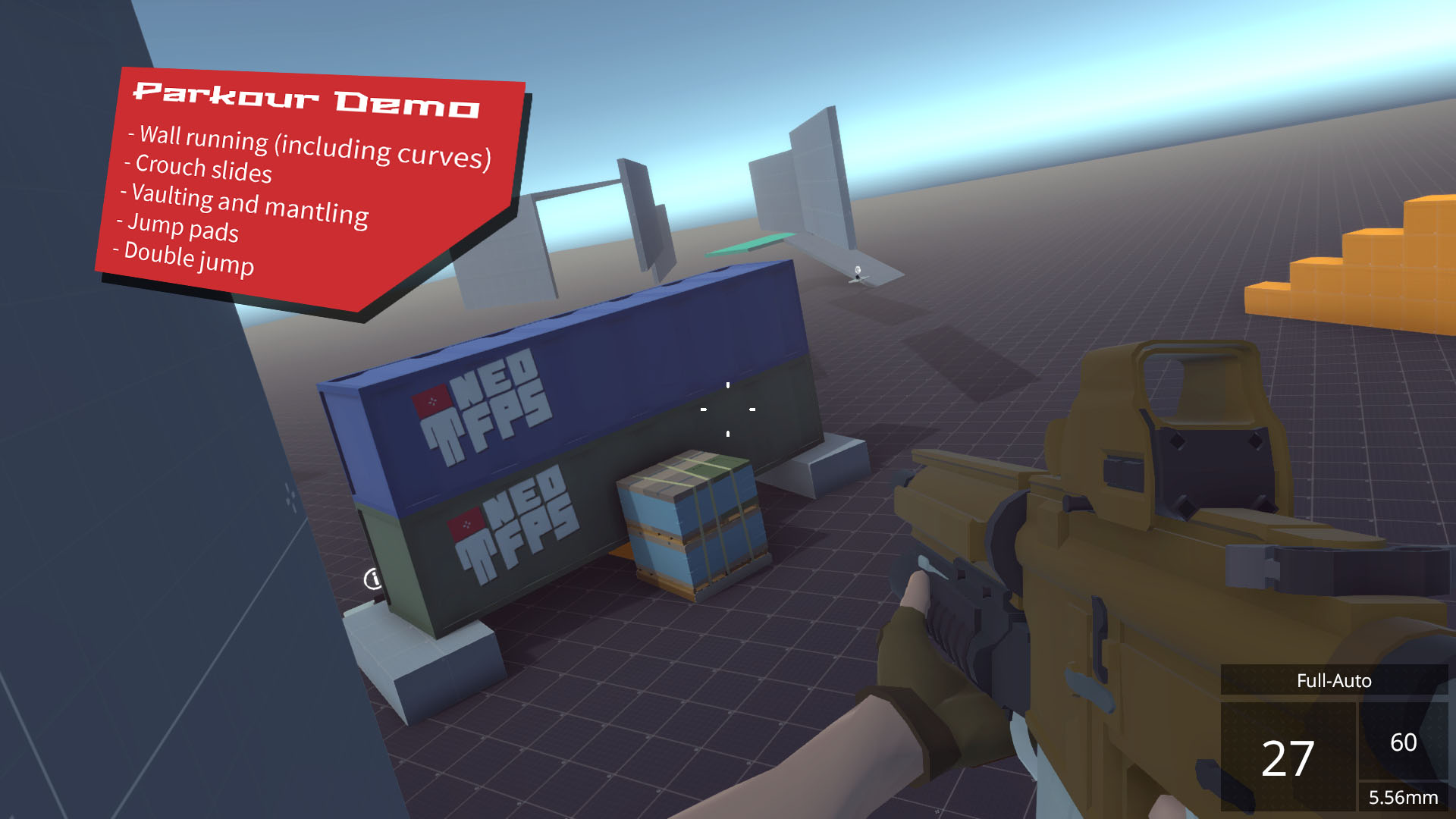 NeoFPS Unity FPS parkour demo with wall runs crouch slides vaulting mantling and double jump