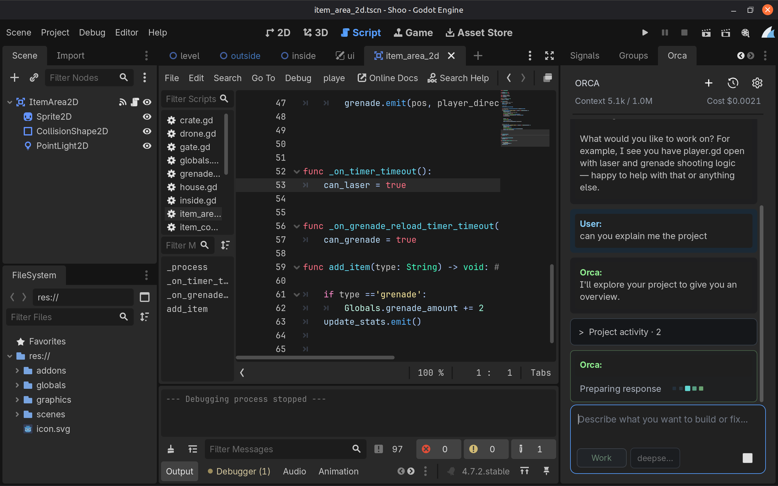 Orca AI Agent for Godot interface in the Godot editor