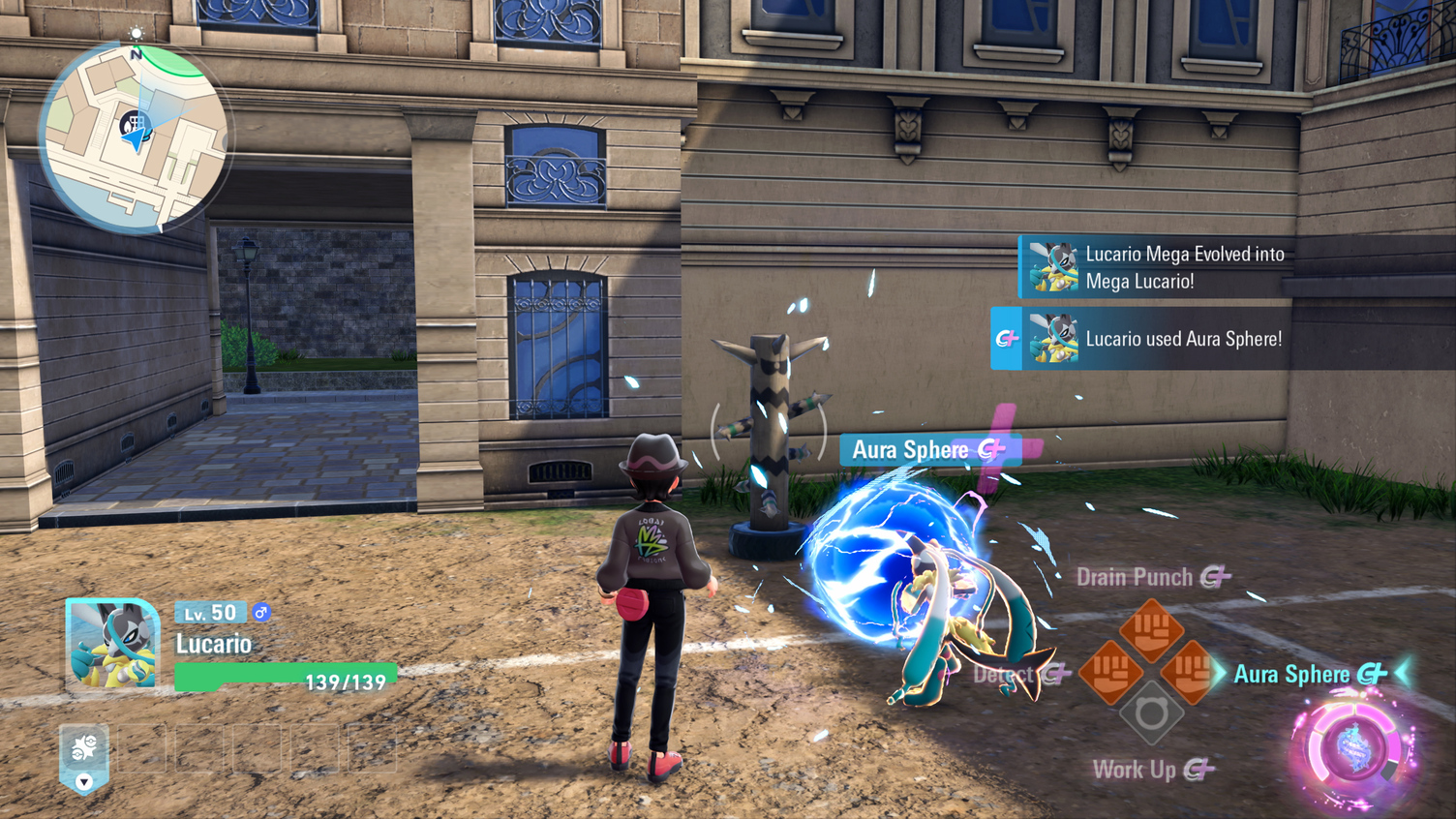 Pokemon Legends Z-A Mega Dimension game screenshot of Mega Lucario using an Aura Sphere