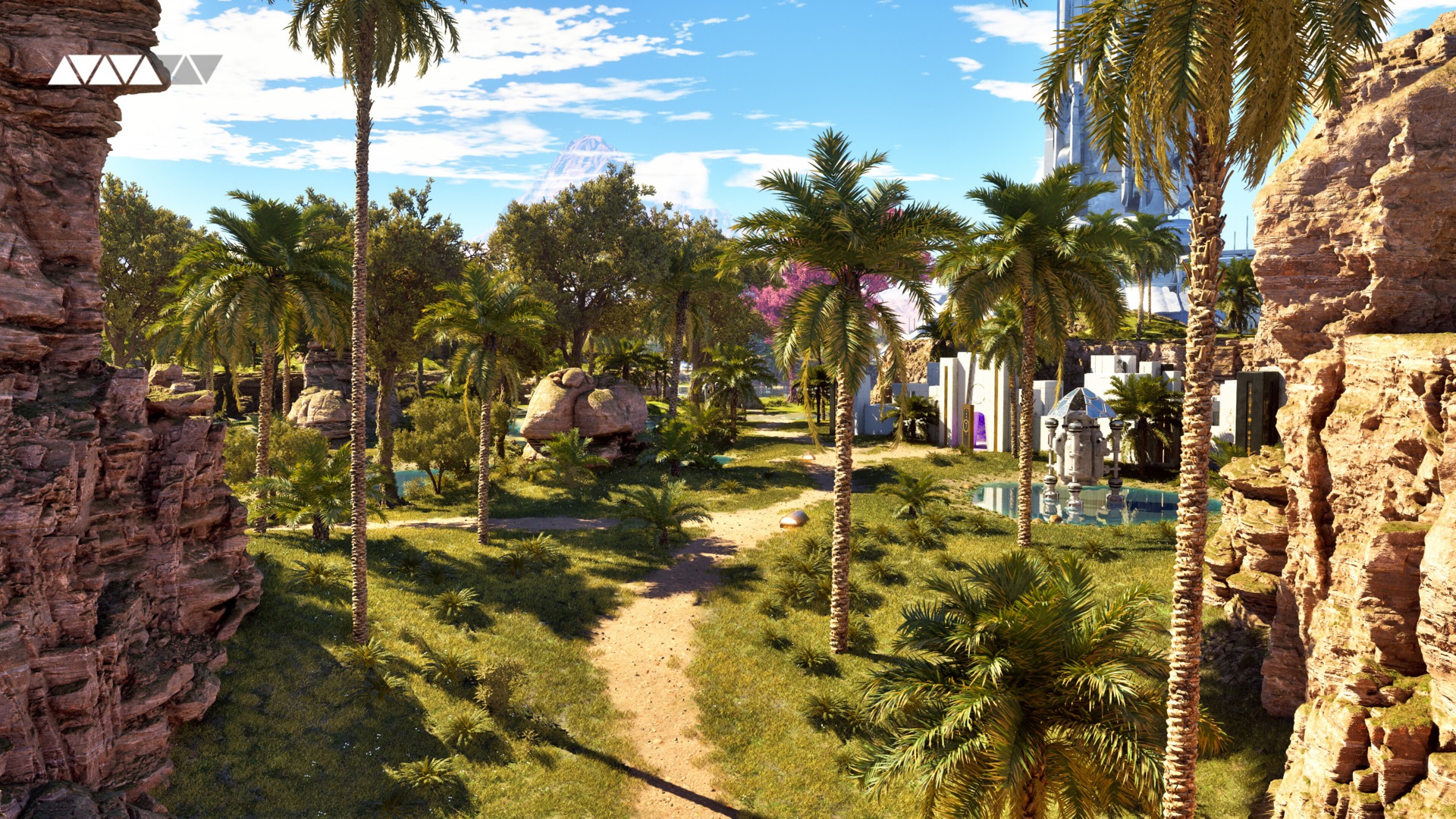 The Talos Principle 3 gameplay: sunlit palm trees and ancient ruins