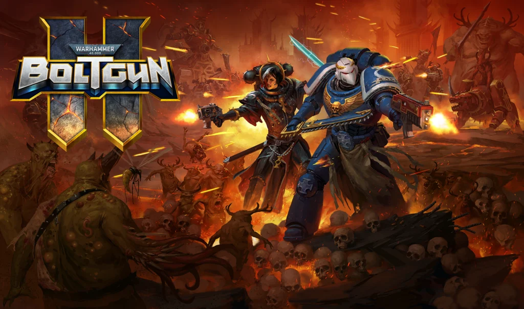 Warhammer 40000 Boltgun 2 title-bearing official promotional art of two playable heroes