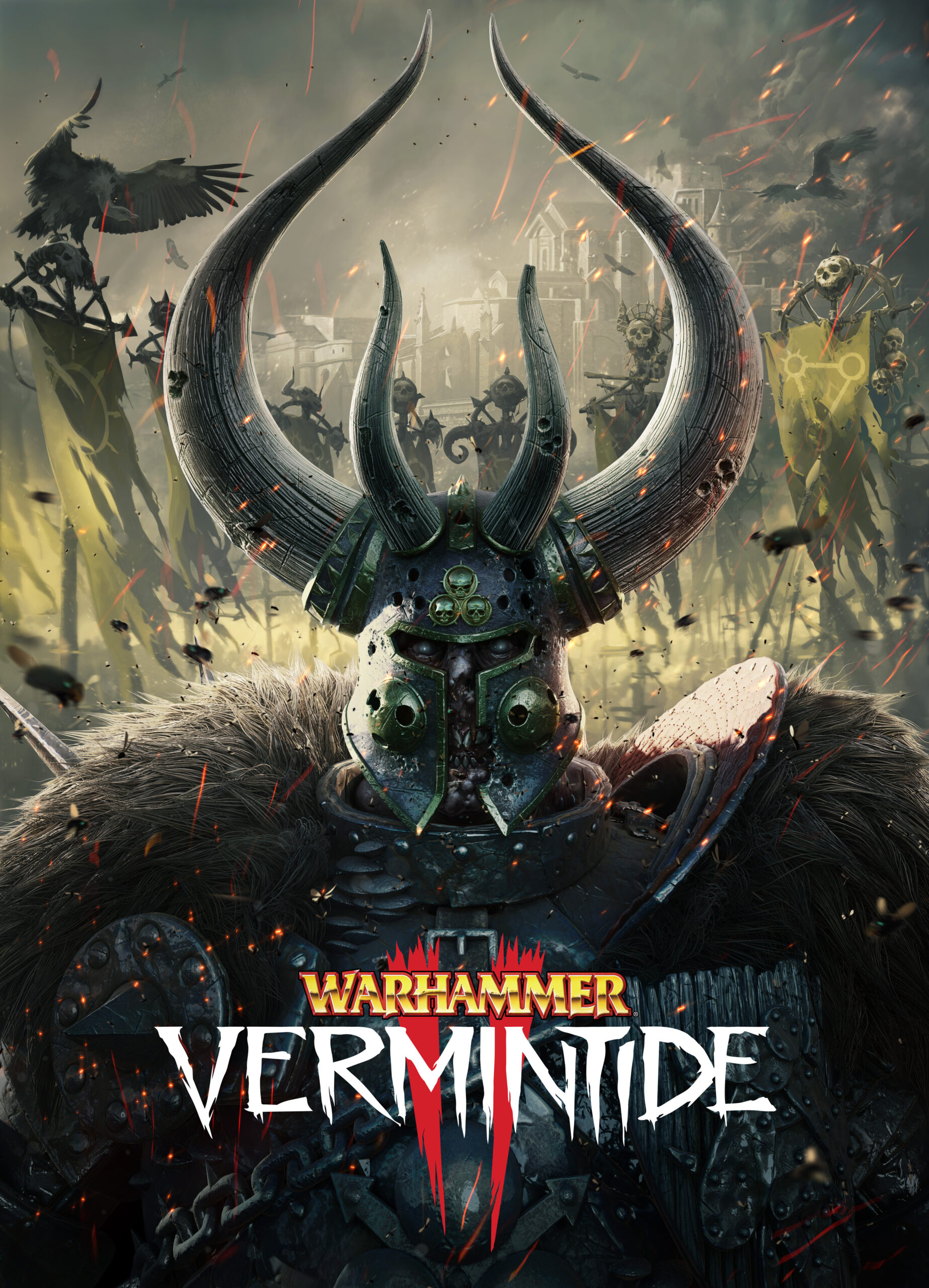 Warhammer Vermintide 2 official title poster with an armoured Chaos warlord