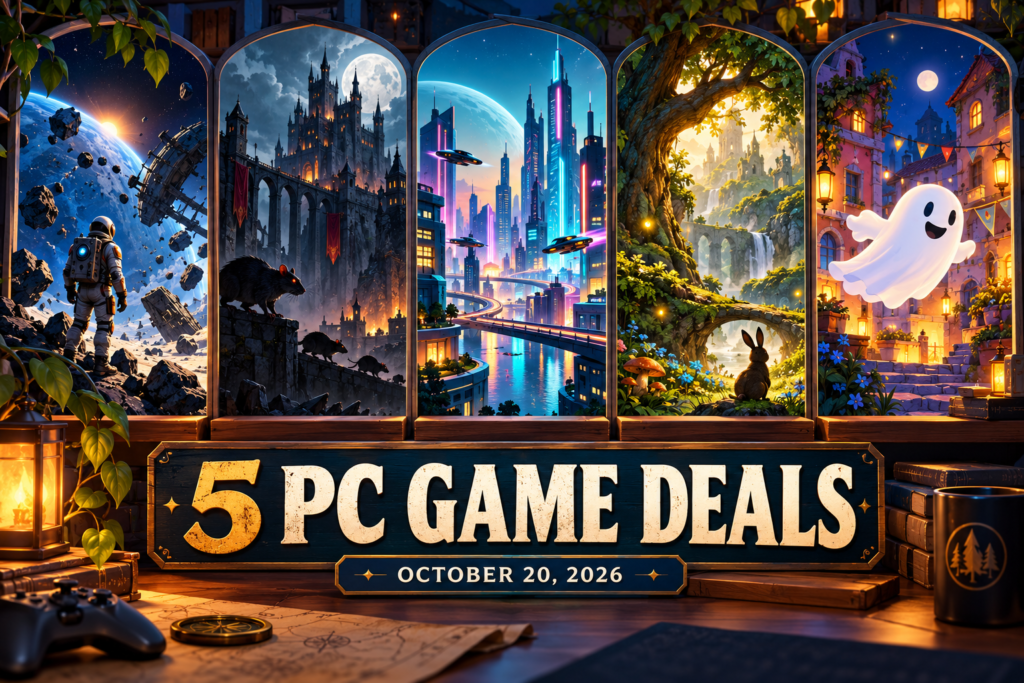 Steam game deals cover illustrating space survival, fantasy combat, a neon city, an enchanted forest and a ghost town