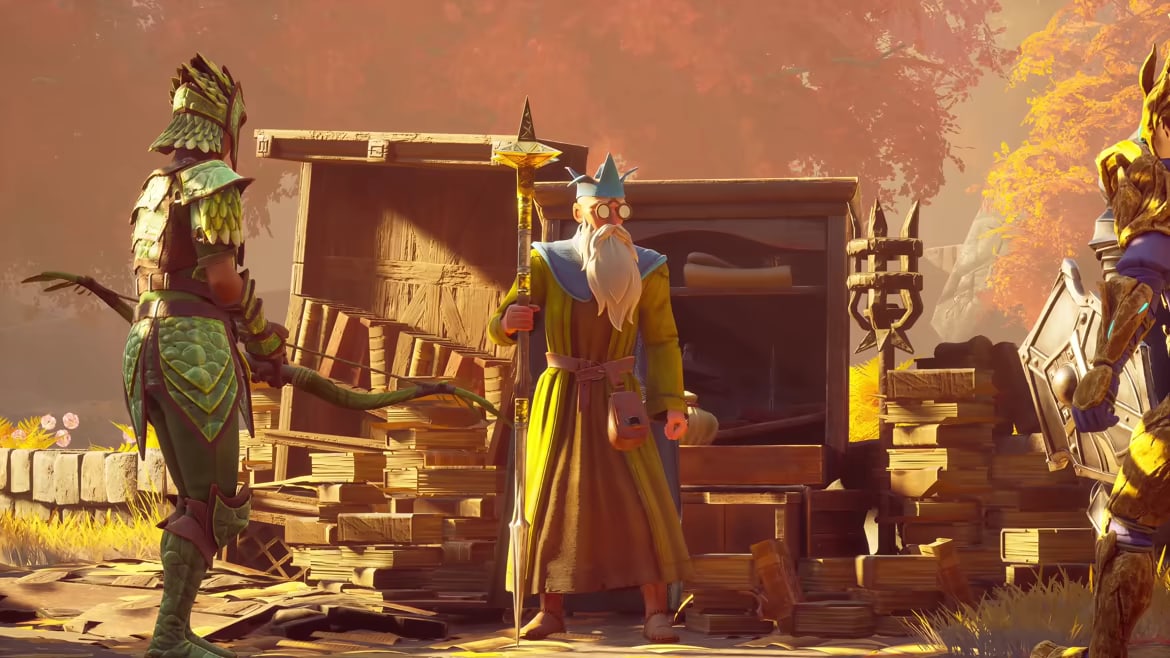 Dragonwilds characters gather around a wizard in official promotional gameplay