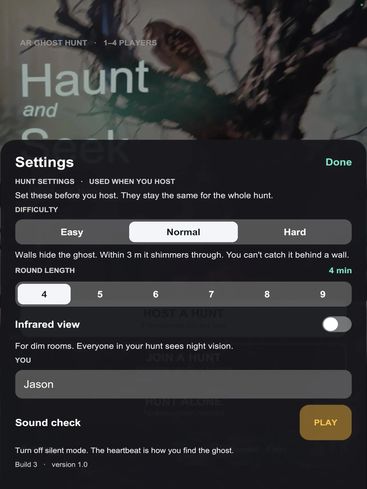 Haunt and Seek iPad hunt settings for difficulty, round length and sound