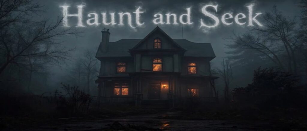 Haunt and Seek title above a haunted house in official promotional art