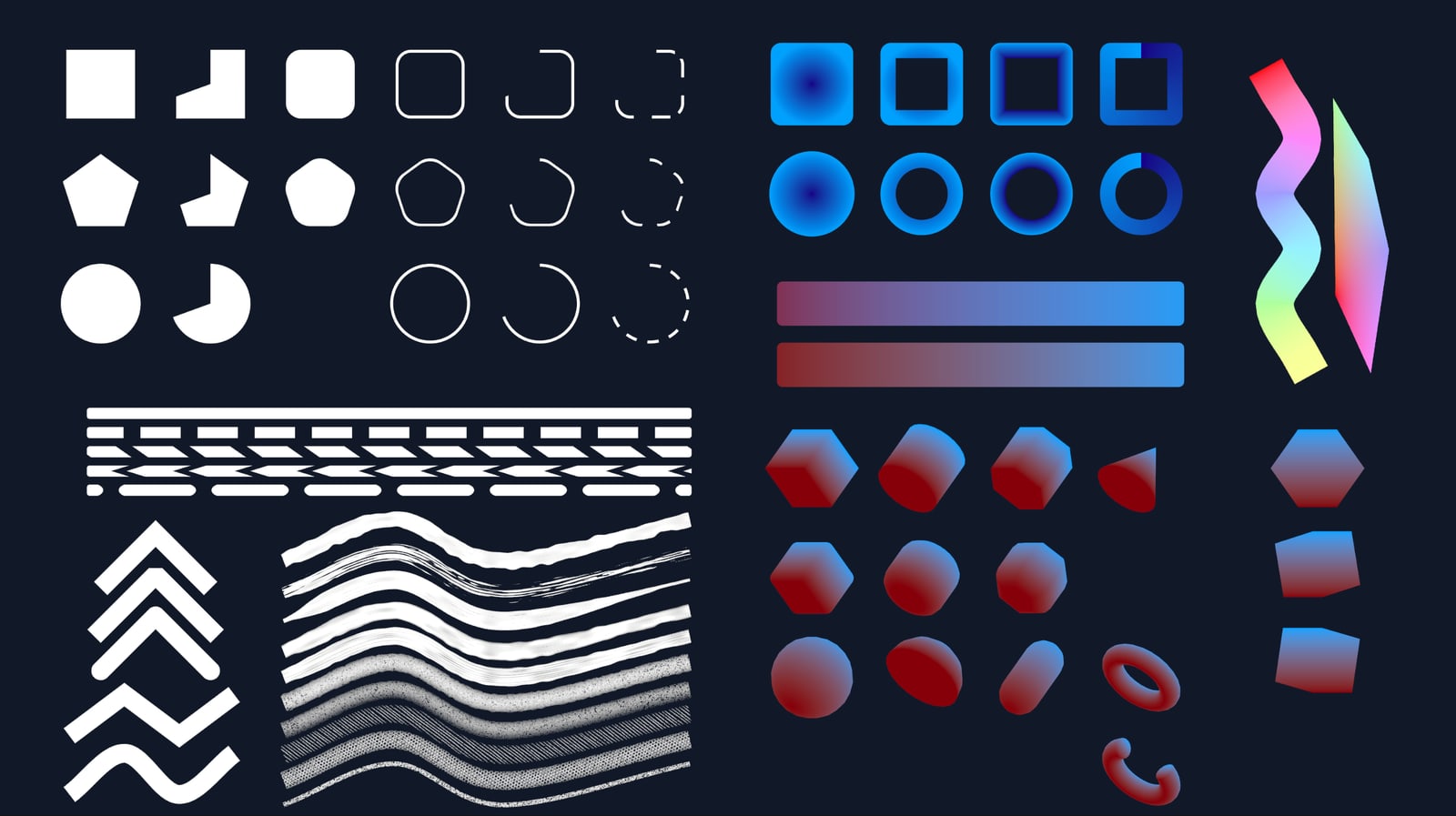 Mold evaluation examples of shapes, lines, gradients and 3D primitives