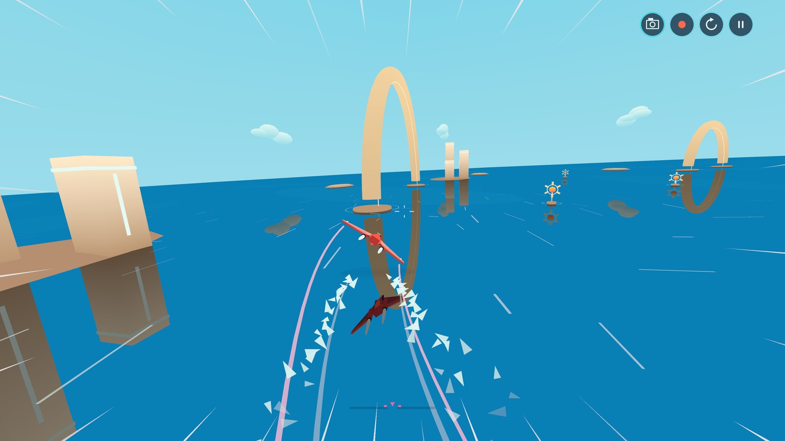 Mold sample gameplay scene with geometric arches and aircraft