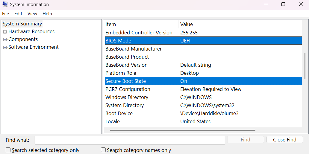MW4 Secure Boot reference: BIOS Mode and Secure Boot State in System Information